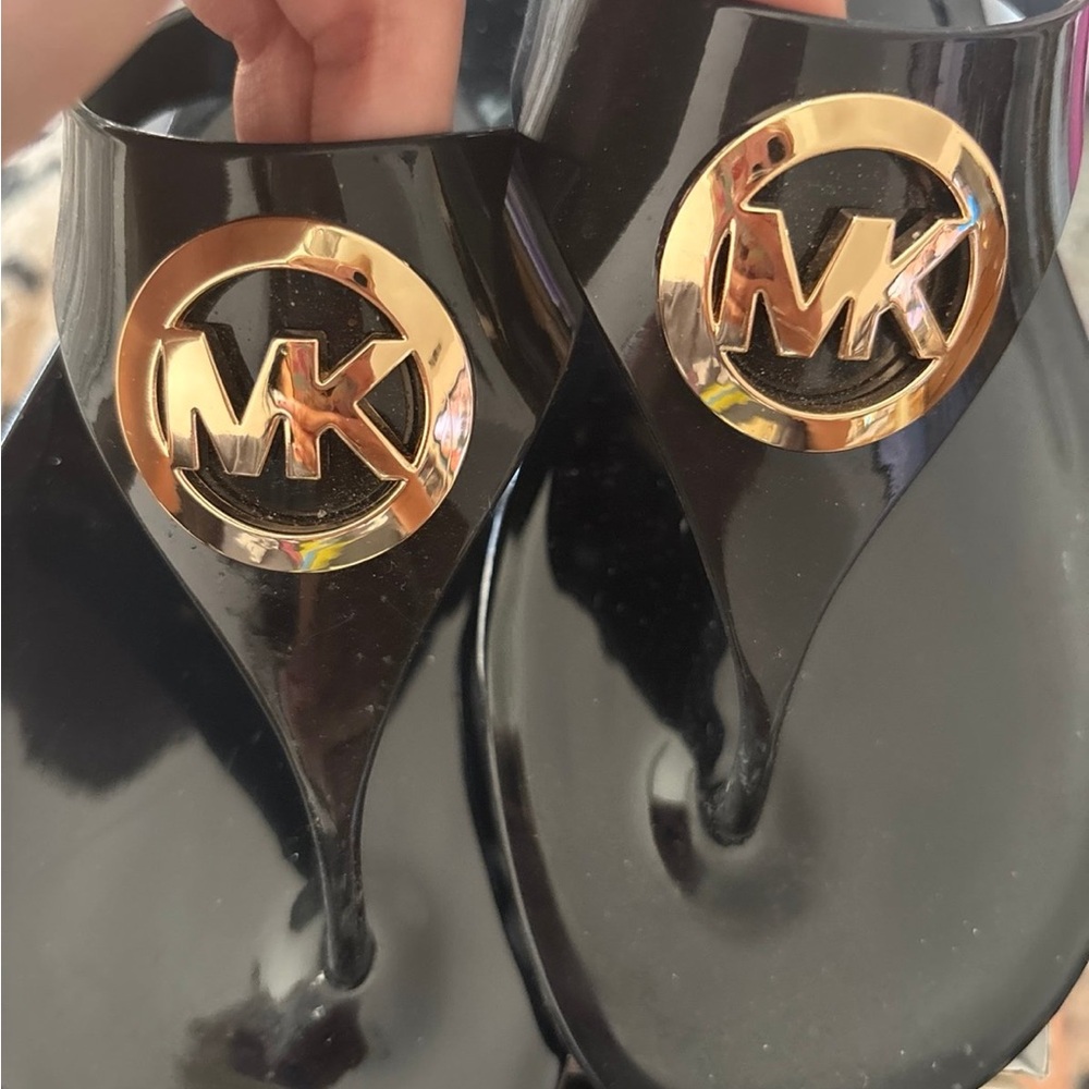 Michael Kors Glossy Black Sandals with Gold Logo